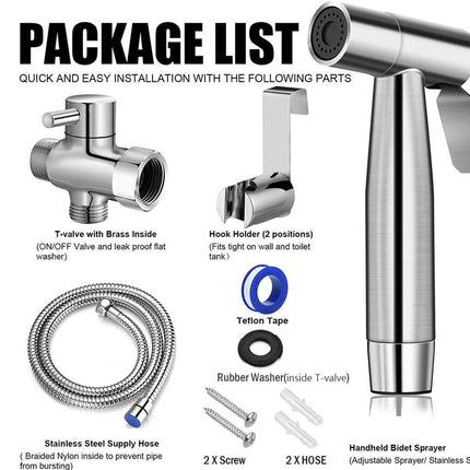 Package list of handheld bidet sprayer parts on a white background