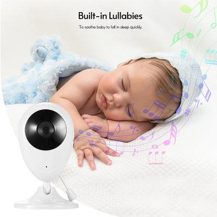 Baby sleeping with a white electronic device labeled 'Built-in Lullabies' on a light background.