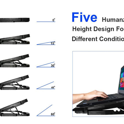 Laptop stand with adjustable height settings and a person using it.