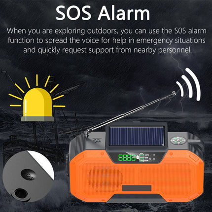 Orange emergency radio with SOS alarm feature on a dark background