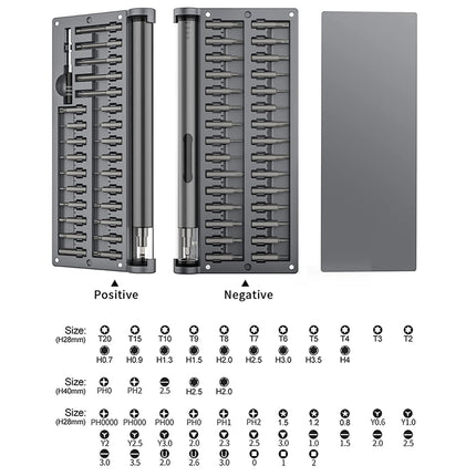 A metal tool tray set shown on a white background, with two trays labeled Positive and Negative and a separate flat metal piece. Below the product are size and diameter reference charts with small circular measurements.