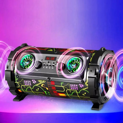 A portable cylindrical speaker system with glowing green speaker grilles, colorful neon-style graphics, and floating purple sound wave effects on a purple-blue gradient background.