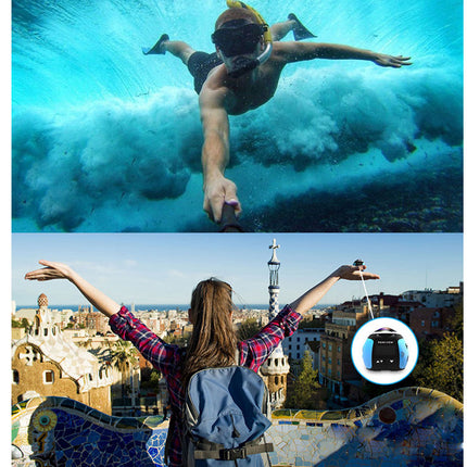 Top image: Person snorkeling underwater with blue water. Bottom image: Person with arms outstretched overlooking a cityscape.