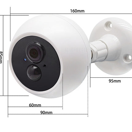 White security camera with dimension annotations showing 160mm width, 85mm height, 90mm total depth, 60mm lens area, and 95mm wall mounting depth.