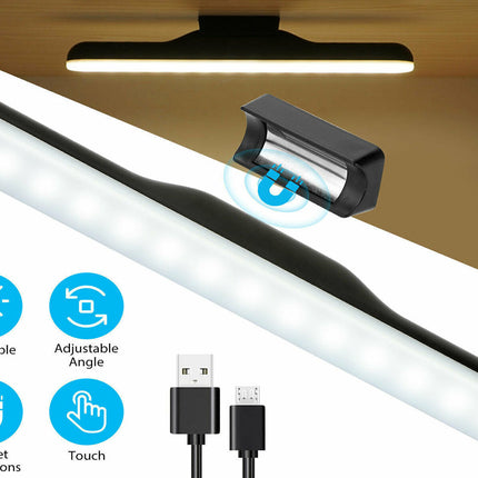 LED strip light with magnetic installation feature, USB cable, and touch control on a wooden surface.