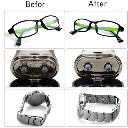 Before and after comparison of eyeglasses and a watch with cleaning device.