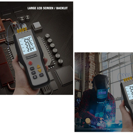 A handheld multimeter thermometer with a large LCD screen and backlight feature, shown in two inset photos: one over a close-up of an electronic circuit board and one in a workshop with a welder in the background.
