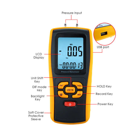 Digital pressure meter with labeled components on a white background