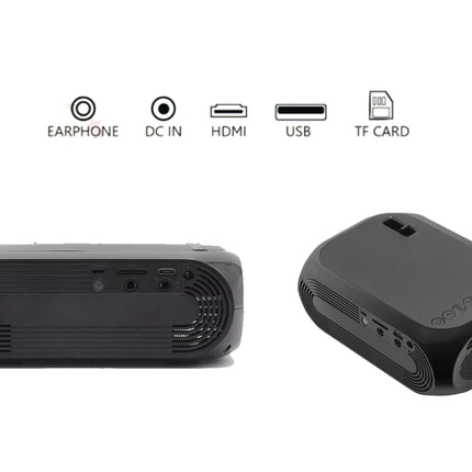 Black portable projector with connectivity icons on a white background