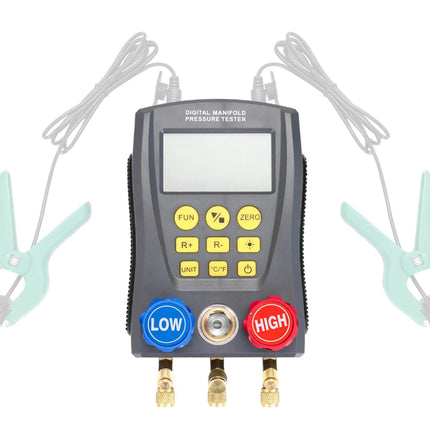 Digital manifold gauge with clamps on a white background