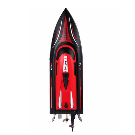 Black and red racing boat model on a white background
