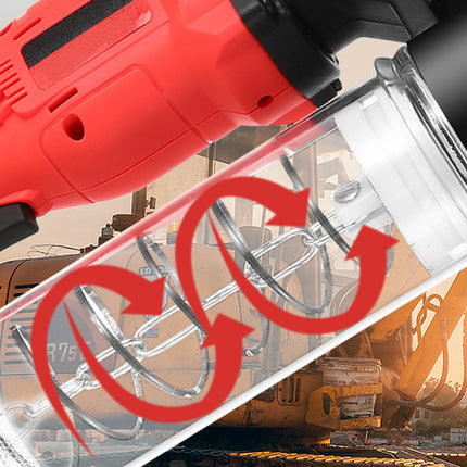 Red power drill with a clear overlay showing a circular saw blade, set against a blurred construction site background.