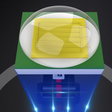 Yellow square on a white plate with a green base, set against a dark background