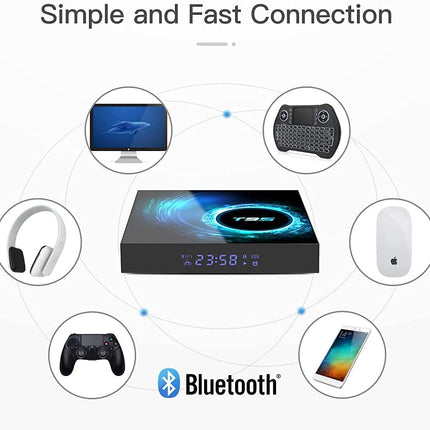 A promotional graphic showing a black rectangular Bluetooth streaming device in the center, surrounded by circular icons of connected devices including a computer monitor, wireless gamepad, headphones, another gamepad, a white device, and a smartphone. The text at the top reads 'Simple and Fast Connection,' and the Bluetooth logo appears at the bottom.