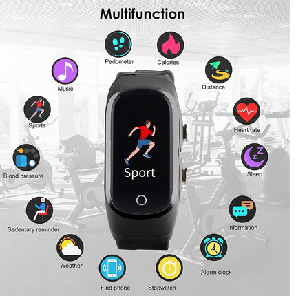 A black smartwatch with a colorful screen displaying a running icon and the word 'Sport,' centered on a faded gym background. Around it are circular app icons labeled Pedometer, Calories, Distance, Heart rate, Sleep, Information, Weather, Find phone, Stopwatch, Alarm clock, Music, and Sports, with the heading 'Multifunction' at the top.