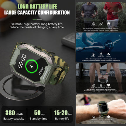 Smartwatch with camouflage design on a charging stand, featuring battery life and capacity details.