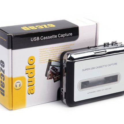 USB cassette capture device with packaging on a white background