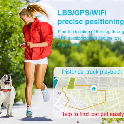 Woman running with a dog on a path, promoting LBS/GPS/WIFI positioning system.