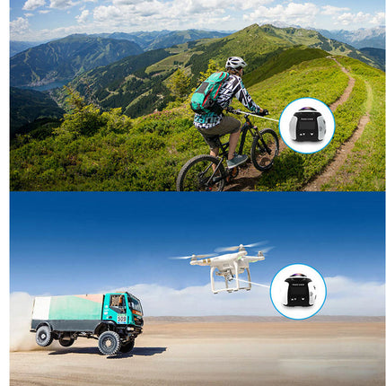 Top half shows a person mountain biking on a trail with mountains in the background, bottom half shows a truck and drone on a road with mountains in the background.