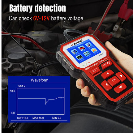 Battery device checking 6V-12V battery voltage with waveform display.
