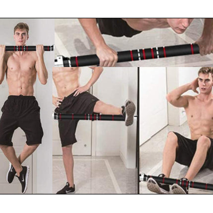 Man using a black exercise bar with red accents in various poses.