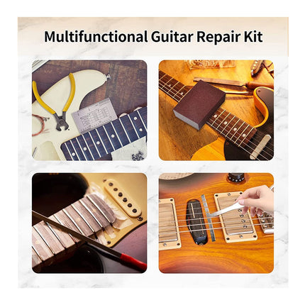 A collage showing a multifunctional guitar repair kit with four panels: pliers and screwdrivers on a white guitar, a small book on a guitar neck, a close-up of a screwdriver on a guitar pickup, and a hand using a tool on a guitar body. The title 'Multifunctional Guitar Repair Kit' appears at the top on a light beige background.