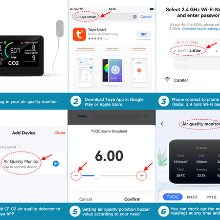 Step-by-step guide for using a Tuya Smart air quality monitor with app setup.