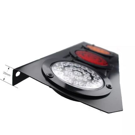 Black triangular LED tail light assembly with a circular clear lens, red rear light, amber turn signal, and a mounting bracket, shown on a white background with a 35mm dimension marker.
