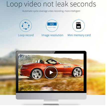 Promotional graphic for a computer monitor displaying a red convertible car video scene, with text above reading 'Loop video not leak seconds' and feature icons for loop record, image resolution, and mini memory card.