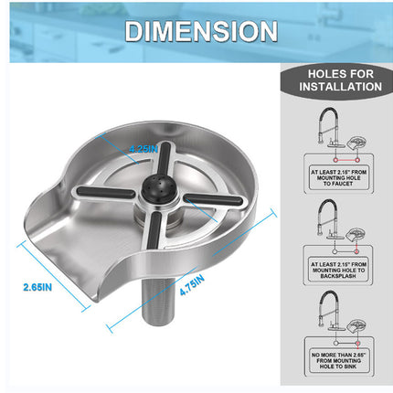 A dimension diagram of a stainless steel sink drain base with measurement labels, alongside installation hole guidelines on a white background with a blue header.