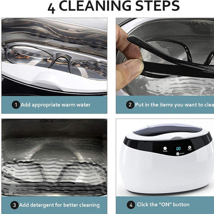 Step-by-step guide on cleaning items using a device with images and text.