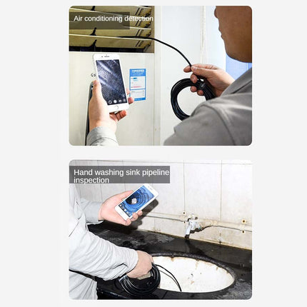 Two images showing a person using a smartphone with a cable for inspection purposes. One image shows air conditioning detection, and the other shows pipeline inspection.