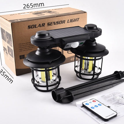 Solar sensor light with dimensions and packaging on a white background