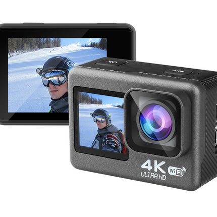 Action camera with a screen displaying a snowy landscape and person wearing goggles.