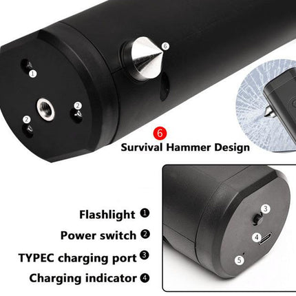 Black cylindrical survival hammer device shown on a white background with feature callouts, including a flashlight, power switch, Type-C charging port, charging indicator, and a small inset showing a remote control.