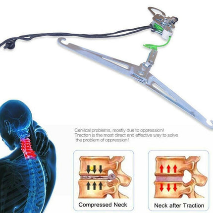 Neck traction device with anatomical illustration of a compressed neck and neck after traction.