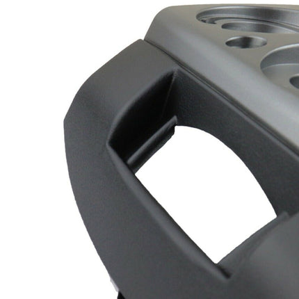 Close-up of a gray metal product with a handle on a white background