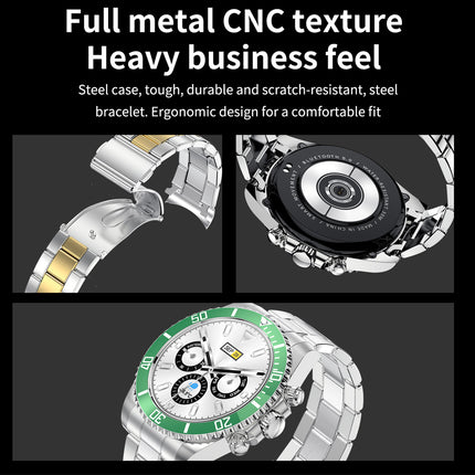 Promotional graphic for a stainless steel watch bracelet and case, featuring three product views on a dark background with marketing text at the top: 'Full metal CNC texture Heavy business feel' and 'Steel case, tough, durable and scratch-resistant, steel bracelet. Ergonomic design for a comfortable fit.