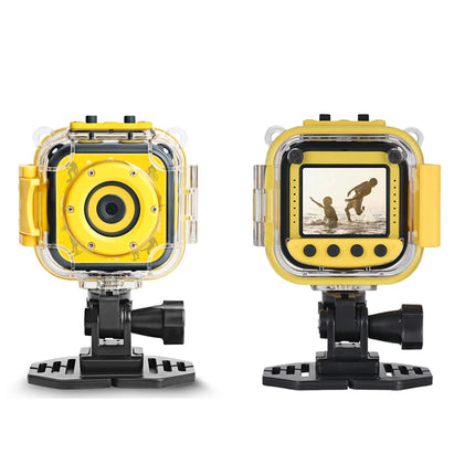 Two yellow waterproof action cameras with clear housings and black mounting bases, shown from front and back views on a white background.
