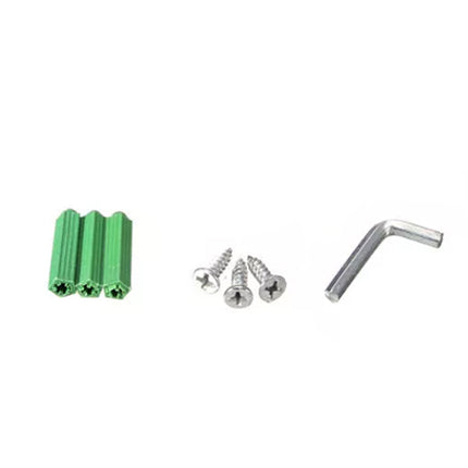 Green metal brackets with screws and a Allen wrench on a white background