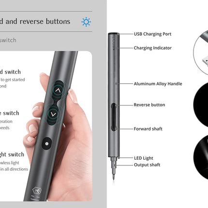 A dark gray handheld electronic pen-style tool shown on a white infographic background, with callouts labeling parts such as the USB charging port, charging indicator, aluminum alloy handle, reverse button, forward shaft, LED light, and output shaft. The left side includes a hand holding the pen and text describing forward and reverse buttons and LED light switch.