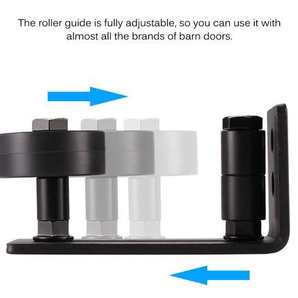 Adjustable roller guide for barn doors with text indicating adjustability compatibility.