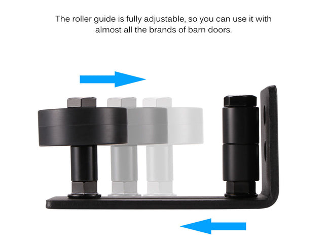 Adjustable roller guide for barn doors with text indicating adjustability compatibility.