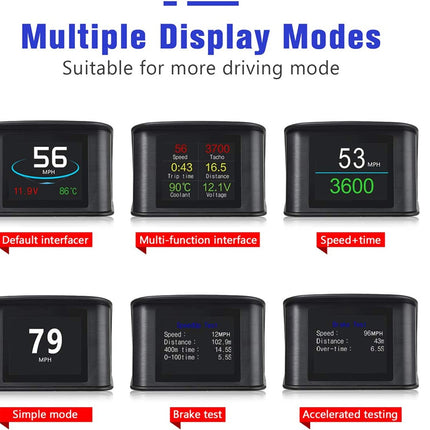 Six black car dashboard display screens arranged in a grid on a white background, each showing a different interface mode such as default interfacier, multi-function interface, speed+time, simple mode, brake test, and accelerated testing. Blue headline text at the top reads 'Multiple Display Modes' with smaller gray text below.