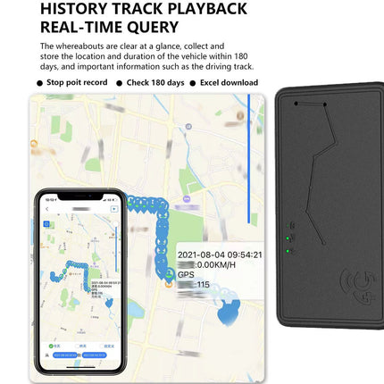 GPS tracker device with smartphone app displaying location history on a white background