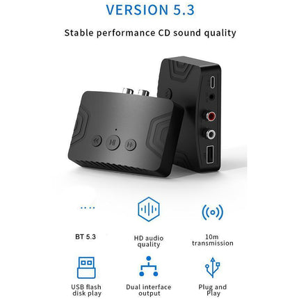Black audio device with features listed on a white background