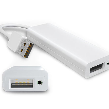 A white USB hub adapter with a short white cable and a multi-port USB connector, shown on a clean white background with a smaller inset view of the port side.