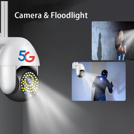 5G camera and floodlight with security footage on a dark background