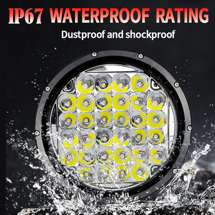 A round LED light bar with a black rim and yellow reflector elements, shown with water splashes and text reading 'IP67 WATERPROOF RATING' and 'Dustproof and shockproof' on a black background.