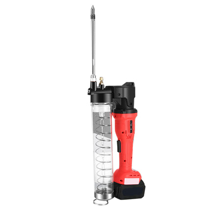 Red and black power tool with a transparent container on a white background